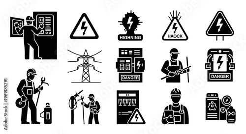 Electrical Hazard and Electrician Safety Silhouette Icon Set High Voltage Vector Isolated on White