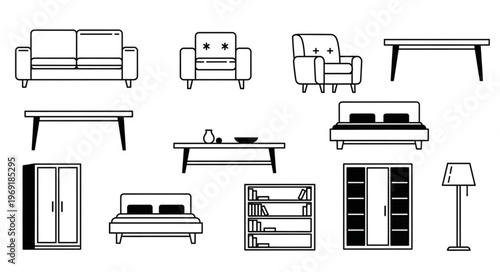 Furniture Line Art Collection - Sofas, Chairs, Tables, Beds, and Storage.