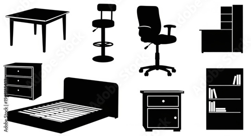 Furniture Collection Silhouette - Bed, Desk, Chair, and Storage Units.