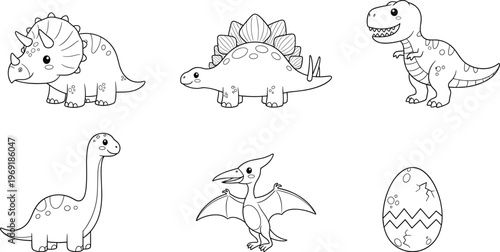 Cute dinosaur outline vector set featuring triceratops stegosaurus tyrannosaurus brachiosaurus pterodactyl and egg cartoon illustration for kids coloring pages fun