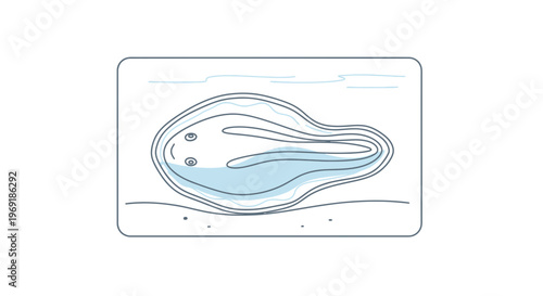 Minimalistic line art illustration of an early stage tadpole swimming in clear freshwater