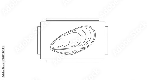 Minimalist line art illustration of a single mussel shell on a simple rectangular plate