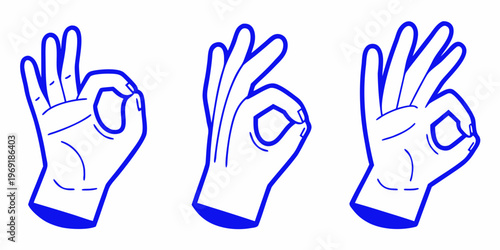 Three hands displaying the ok sign in a blue line art style