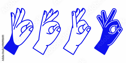 Four blue hands displaying various hand gestures and symbols