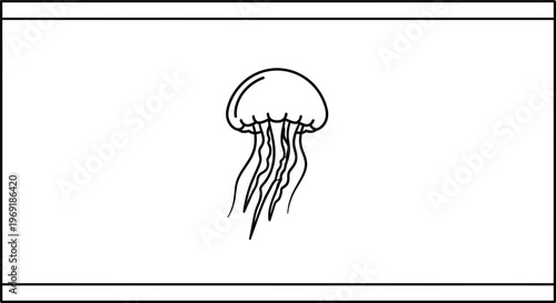 Minimalist black outline drawing of a graceful jellyfish with flowing tentacles on a clean white