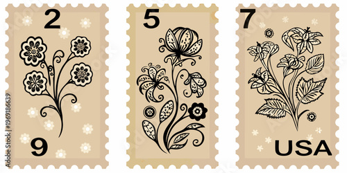 Vintage style postage stamps featuring floral designs and numerical markings