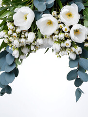 Floral border frame with white flowers and eucalyptus leaves, wedding background, copy space