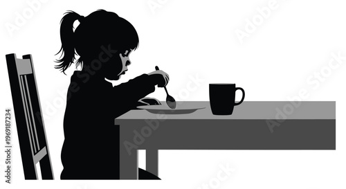 Vector graphic illustration of a child sitting at a table eating with a spoon