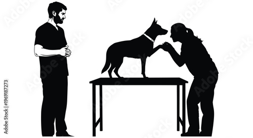Vector illustration of a dog giving its paw to a trainer with an owner observing the interaction.