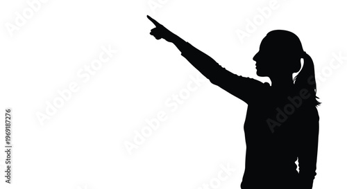A mysterious vector illustration depicting a woman's profile silhouette pointing her finger with conviction.