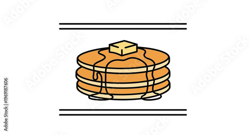 Delicious stack of breakfast griddle cakes adorned with golden butter and flowing sweet syrup