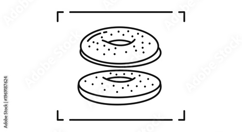 Minimalist outline drawing featuring two round bagels with tiny toppings in a clean, isolated