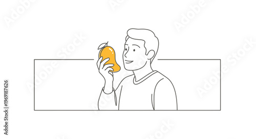 Smiling person holding a ripe tropical mango, a simple line drawing representing fresh fruit
