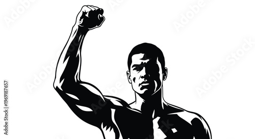 Powerful vector graphic illustration of a muscular man raising his clenched fist triumphantly, symbolizing strength and victory.