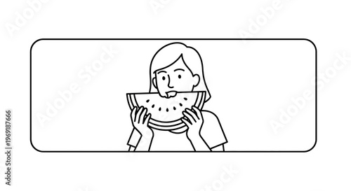 A graphic illustration capturing a woman joyfully biting into a refreshing slice of watermelon on