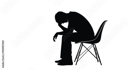 Silhouette vector illustration of a distressed person sitting on a chair, experiencing profound sadness or grief.