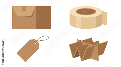A collection of essential packaging and shipping supplies including a cardboard box, packing tape, a paper tag, and a box divider.