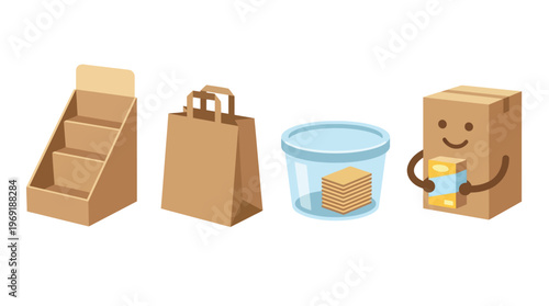 Various packaging solutions including a cardboard display stand, a paper bag, a plastic container, and a cartoon box character.