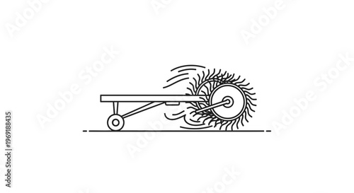 Abstract line art representing a specialized agricultural implement in motion across the terrain