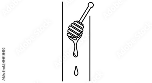 Minimalist line art illustration of a honey dipper with sweet golden liquid dripping slowly, a