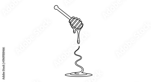 Minimalist continuous line art illustration of a honey dipper gracefully dripping golden nectar