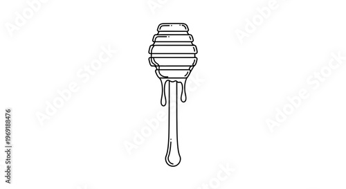 Minimalist line art illustration of a dripping honey dipper utensil for sweet natural syrup