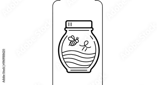 Sweet harvest: A delightful monochrome outline of a honey pot with a busy bee and a dipper ready