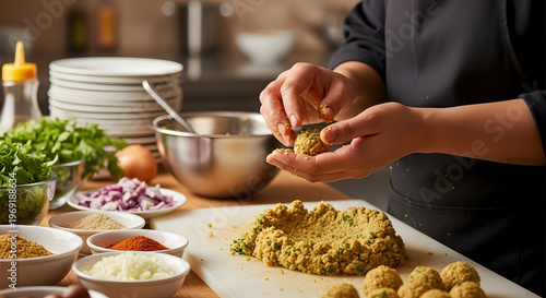 Close up of a cook preparing vegetarian chickpea fritters on a wooden board with bowls of ingredients