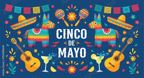 Vibrant Cinco de Mayo celebration illustration featuring piñatas, sombreros, guitars, and margaritas on a dark blue background, perfect for festive designs.