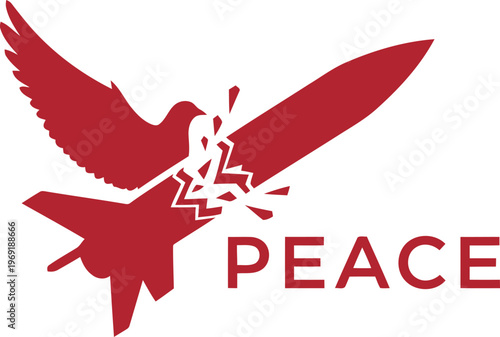 Symbolic peace logo with bird and broken weaponry design isolated illustration