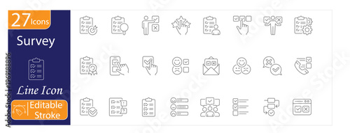 Survey Icons Set, Questionnaire, Feedback Form, Data Collection, Customer Insights, Opinion Poll, Editable Stroke Vector Illustration.