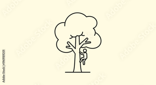 Minimalist line icon depicting a human figure climbing a tree, representing outdoor recreation and