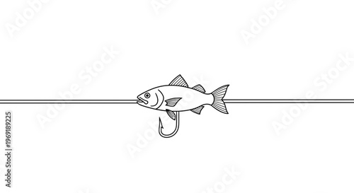 Minimalist line art illustration featuring a fish with a hook, symbolizing fishing activity