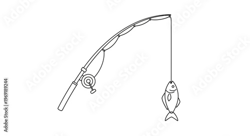 Minimalist line art illustration depicting a fishing rod with a caught fish, representing an