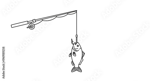 Minimalist black outline drawing of a fishing rod holding a newly caught fish, illustrating a