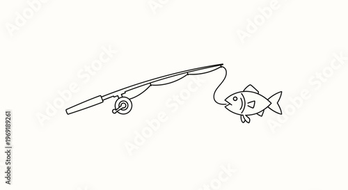 Minimalist line art icon of a fishing rod engaging with a fish on a clean background
