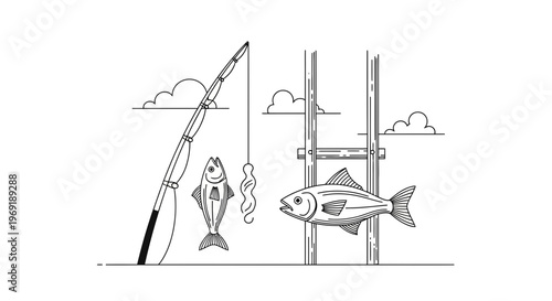 Monochrome fishing scene showcasing aquatic life with rod, hook, and captured fish in minimalist