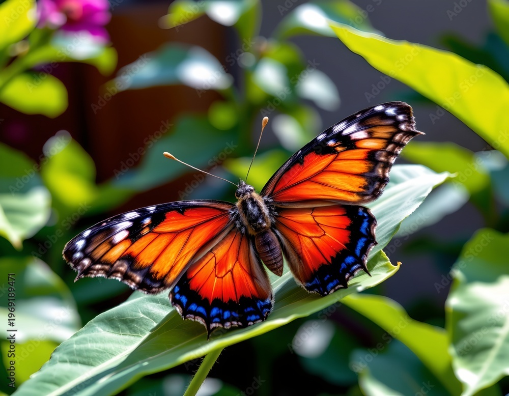 Obraz premium Vibrant Butterfly Resting Green Leaf Sunlit Garden