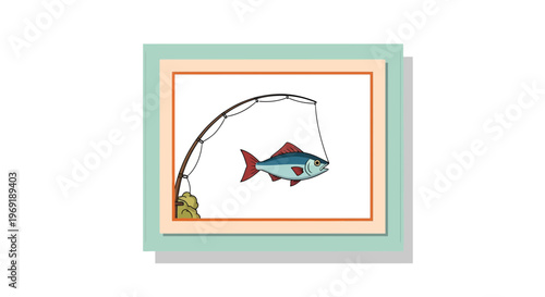 Brightly colored cartoon fish illustration depicting a fresh catch on a classic fishing rod line