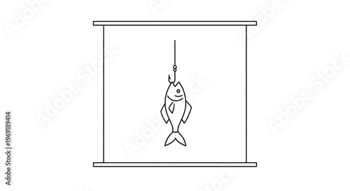 Minimalist black line art illustration of a fish caught on a fishing hook inside a simple frame