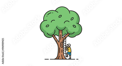 Charming illustration of a person making their way up a vibrant green tree with aid of a ladder