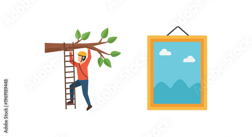 Graphic display of outdoor tree maintenance activity alongside a framed wall art depicting a