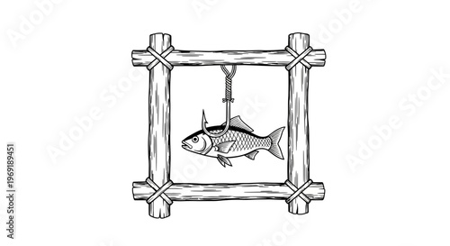 Rustic monochrome illustration of a fish securely caught on a fishing hook within a wooden log frame