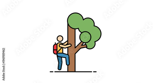 Dynamic graphic showing an intrepid explorer ascending a robust tree trunk in natural settings