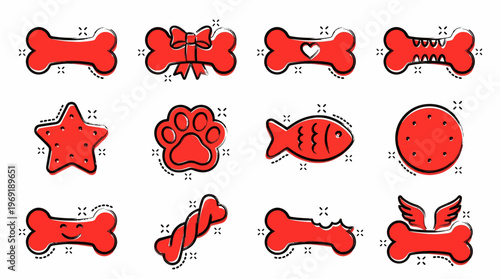 Red Dog Bone Icons and Pet Food Treat Symbols Vector Illustration Set for Animal Shop Design