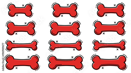 Comprehensive Set of Twelve Red Dog Bone Icons for Pet Care Branding Vector Illustration Graphic Elements