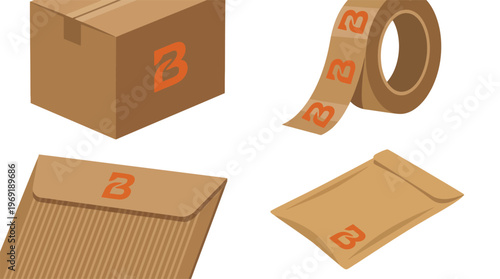 Various brown packaging and shipping supplies including a cardboard box, packing tape, a large envelope, and a padded mailer, all featuring an orange 'B' logo.