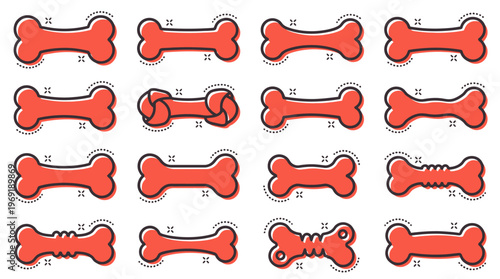 Red Dog Bone Icon Set Collection Featuring Various Stylized Pet Treat Vector Illustrations