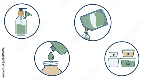 Illustrations depicting various methods of refilling reusable containers and promoting sustainable eco-friendly practices.