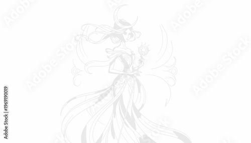 Elegant celestial goddess illustration with flowing lines and mystical aura vector artwork